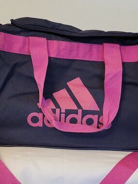 adidas Small Grey/Pink Polyester Gym Duffel Bag Zip Closure Adjustable Strap